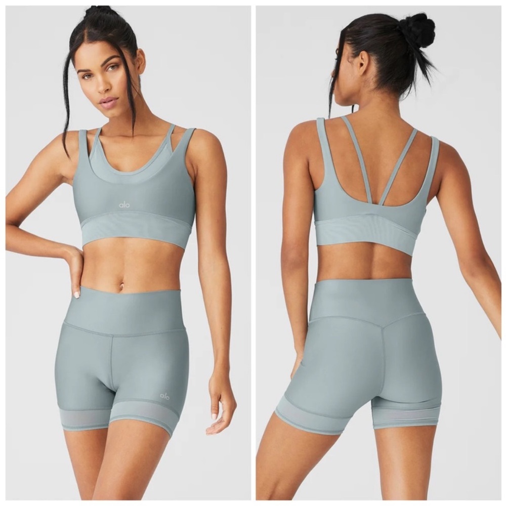 ALO Cosmic Grey Airlift Set Double Trouble Biker Short and Bra